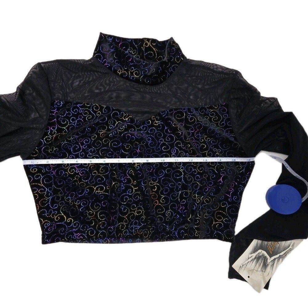 Body Wrappers VTG Mesh Velvet LS Mock Neck Dance Midriff Bling Top Size Adult L - Picture 15 of 16
